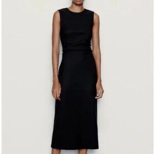 NWT. Zara Black Draped Side Fitted Midi Dress. Size M.